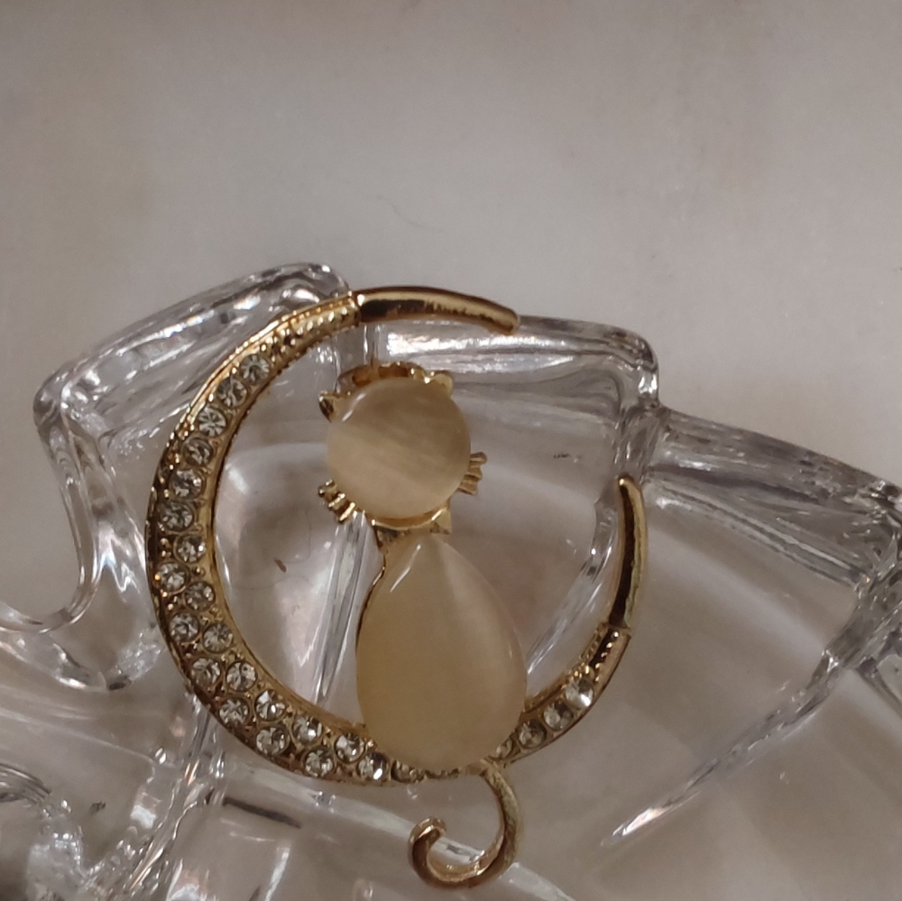 NWOT Cat With Faux Moonstone, Sitting On The Moon Pin